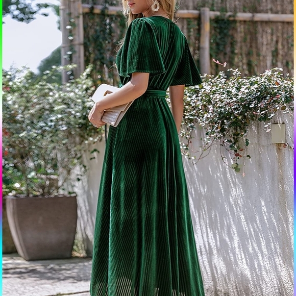 Green Velvet Wrap Dress - Picture 3 of 4